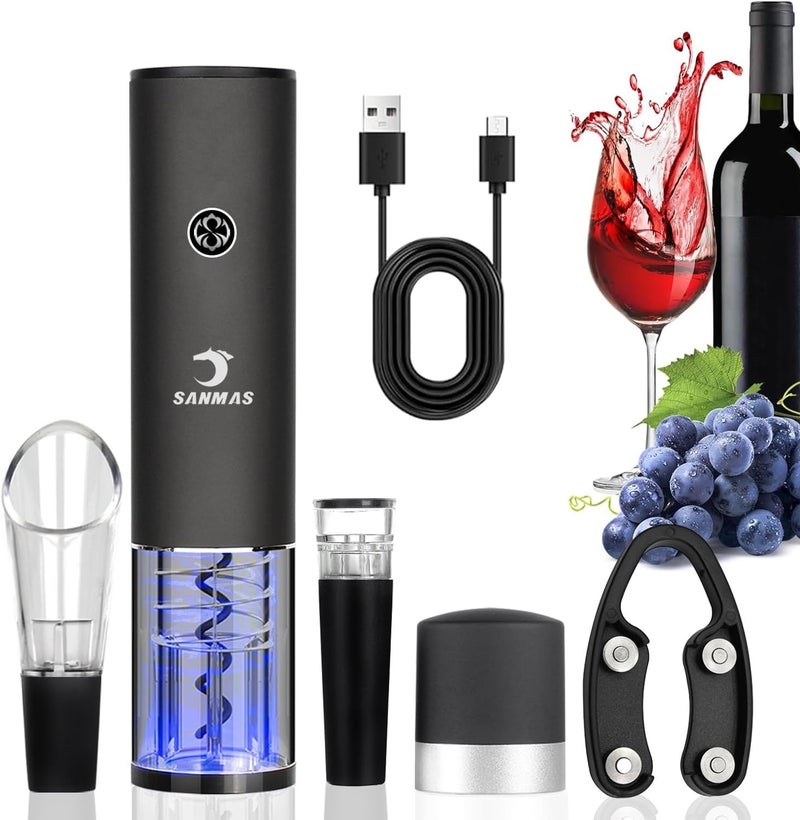 SUNMAS Rechargeable Electric Wine Bottle Opener Set - Automatic Corkscrew with Foil Cutter, Wine Stopper & Aerator Pourer - Ideal Gift for Wine Lovers - Image 1